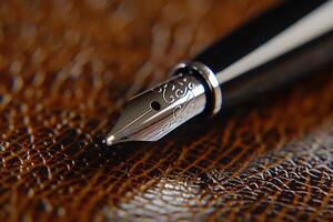 Close-up of a fountain pen nib. Detailed view of the fine tip and intricate design photo