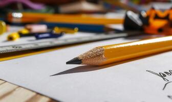 A pencil is sitting on top of a piece of paper photo