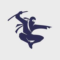 Jumping Ninja Silhouette with Sword in Action, fighting pose, samurai combat with swords, logo illustration template vector