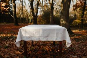 Empty white tablecloth on a wooden table in autumn forest photo