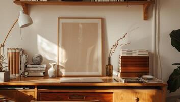 Cozy workspace with natural light. A warm, inviting desk area, showcasing a minimalist aesthetic. Sunlight streams through the room, highlighting the wooden surfaces and simple decor photo