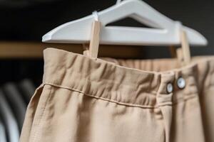 A pair of pants hanging on a hanger photo