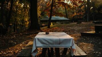 Empty picnic table in autumnal forest photo