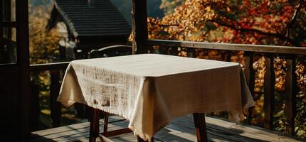 Empty table on a rustic wooden deck photo