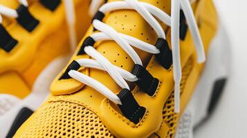 A close up of a yellow and black sneaker photo