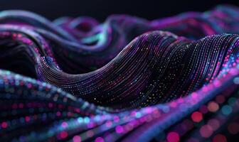 Abstract dynamic fabric with colorful threads and particles. Intricate flowing lines and points create a vibrant, futuristic texture photo