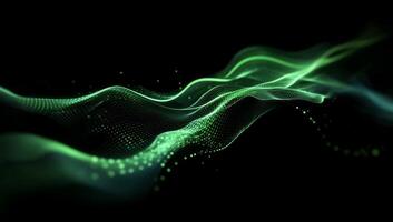Abstract dynamic flow of shimmering particles. Fluid, luminous, green and teal wave patterns on a black background, creating a mesmerizing, ethereal effect photo