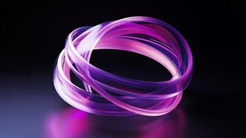Abstract, vibrant, swirling rings of luminous, translucent purple and pink. A 3D digital rendering of an intricate, geometric shape against a dark background, casting subtle reflections photo