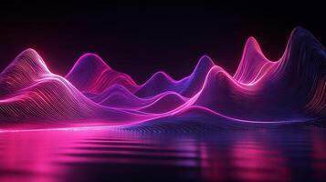 Abstract digital landscape with vibrant neon colors. Dynamic wavy lines create a surreal mountain range effect reflected on a dark surface. A mesmerizing display of glowing, colorful shapes photo
