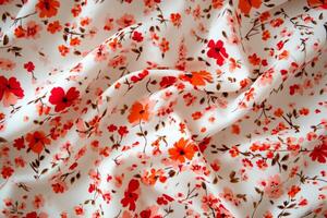 A close up of a white and red floral fabric photo