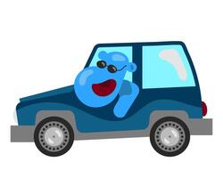 A cool blue hippo wearing sunglasses drives a stylish offroad vehicle, symbolizing wealth and adventure. With a cheerful expression and big wheels. vector