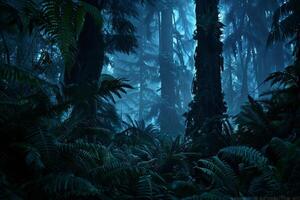 Misty, dark rainforest scene. Lush foliage, towering trees, deep shadows, ethereal atmosphere photo