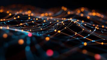 Abstract data network landscape. Interconnected glowing points and lines creating a complex topography. Dynamic and futuristic photo