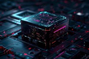 Futuristic CPU in a transparent cube, intricate circuit board photo