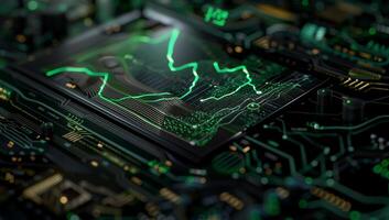 Close-up of a circuit board with glowing green data visualization photo