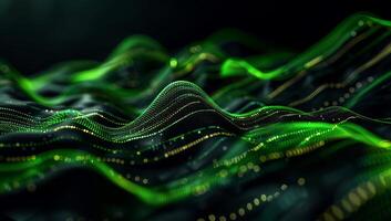 Abstract digital wave patterns. Dynamic glowing green and gold lines on dark background photo