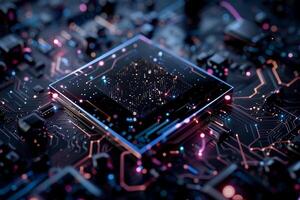 Advanced microprocessor on circuit board. Detailed view of intricate components and connections photo