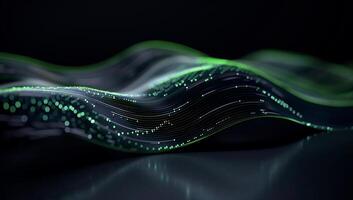 Abstract wavy digital data stream. Dynamic, flowing lines of green and dark elements create a sense of motion and technological complexity photo
