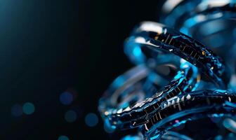 Abstract swirling, futuristic technology. Intricate, metallic rings and shapes create a dynamic, complex design. Dark blue and black tones evoke a sense of depth and mystery photo
