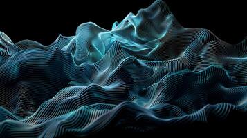 Abstract digital landscape of flowing lines. Dynamic, textured, and glowing forms resembling mountains or waves photo