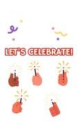 Lets celebrate with diverse hands holding lit sparklers 2D card vertical animation. Confetti greeting party, festive vibes animated ecard cartoon flat concept 4K isolated on white with text video