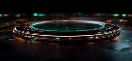 A futuristic circular object with glowing lights photo