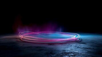 Abstract neon light circle on dark textured surface photo