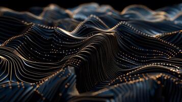 Abstract data visualization, intricate wavy lines, and dotted points. Complex, dynamic, and technological design, resembling mountains or waves photo