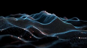 Abstract digital wave landscape. A mesmerizing display of interconnected points forming undulating waves against a dark background. Intricate patterns create a sense of movement and depth photo