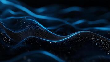 Abstract digital wave pattern with glowing blue lines and scattered particles on a dark background photo