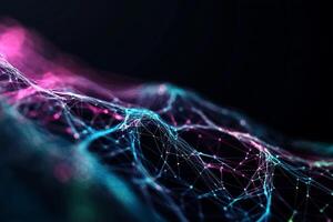 Abstract network of interconnected particles. A vibrant display of colorful, flowing, digital connections. Complex network structure with various shades of pink and teal photo