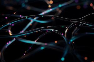 Abstract network of glowing, intertwined lines. Intricate, colorful connections against a dark background photo