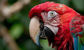 A close up of a red parrot with a green beak photo