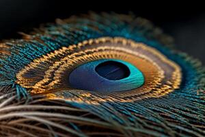 Detailed close-up of a peacock feather, showcasing vibrant colors and intricate patterns photo