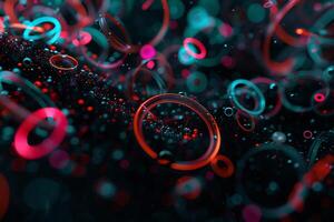 Abstract digital rings. A vibrant display of circles in various colors, flowing in a dark background. Intricate patterns, swirling, and dynamic photo