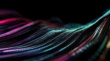 Abstract data visualization. Colorful wave patterns of interconnected data points on a dark background photo
