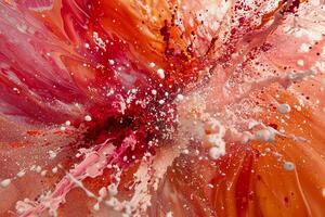 Abstract explosion of vibrant colors. A dynamic mix of reds, pinks, oranges, and whites, with paint splatter and fluid movement, creating a powerful visual impact photo