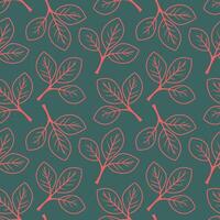 Elegant coral leaf sprigs on a deep teal background form a seamless pattern. vector