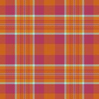 Vibrant orange and pink plaid pattern. Perfect for textile design, fashion, websites, or autumnal projects. This seamless texture offers a bold, energetic aesthetic, symbolizing warmth and style. vector