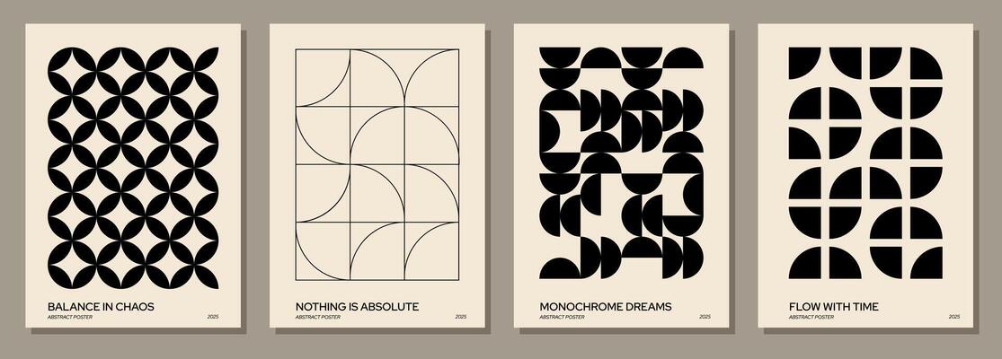 Abstract pattern posters. Minimal geometric shapes with chaotic lines and half circles, modern brutalist creative art for cover design. graphic backgrounds