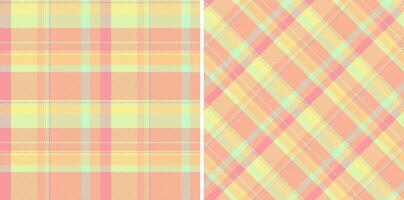 Pastel plaid patterns two seamless designs in soft peach, yellow, and mint green. Perfect for textiles, websites, and packaging. Evokes feelings of spring, warmth, and gentle femininity. vector
