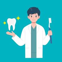Dentist holding giant toothbrush and tooth vector