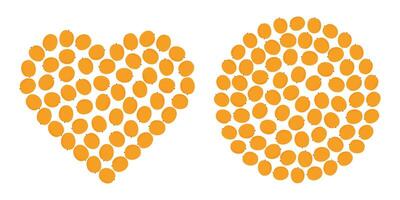 Apricots heart shape and Circle Background Textures Summer Fruits Abstract backdrop Template Set 2. Isolated illustration Thematic cards, leaflets, posters or web promo banner, price tag, label vector
