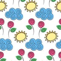 Stylized Roses on stem Cloud Sun Seamless Pattern Summer Abstract Background Texture Wrapping Paper. Isolated illustration Thematic Cards Wallpaper or web promo banner, leaflet, print materials vector