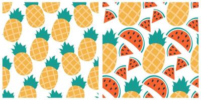 Hand drawn Pineapple Watermelon slices with seeds Seamless Patterns Summer Background Texture Set 2. Isolated illustration Wallpaper Thematic card or web promo banner, leaflet, price tag, label vector