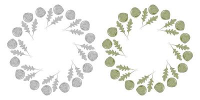 Brussels sprout heads Arugula leaves Circular Frame border Monochrome copy space Template idea Set 2. Isolated illustration Thematic Menu cards, poster or web promo banner, leaflets, label, tag vector