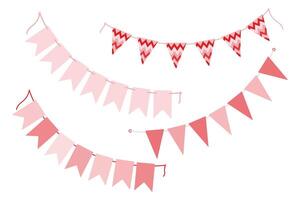Abstract Pennant garlands on rope Trendy Monochrome pink Party decorative design elements idea Set 4. Isolated illustration Thematic cards, posting or web promo banners, leaflets, price, labels vector