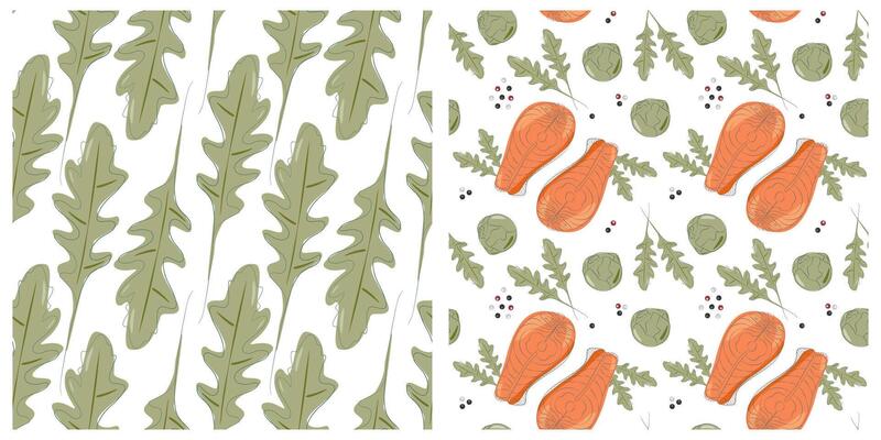 Arugula leaves Brussels sprout heads Salmon steak Seamless Pattern Healthy eating Background Set 2. Isolated illustration Healthy Eating Day Wallpaper Thematic Menu Cards or web promo leaflets