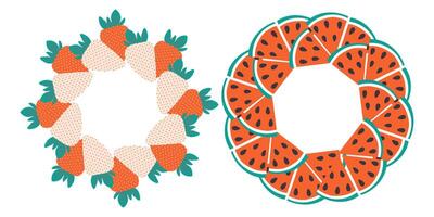 Strawberry White Red Triangular Watermelon slices Circle Frame border Copy space Template idea Set 2. Isolated illustration Thematic or menu cards, leaflet, price tag, label or web promo banner vector