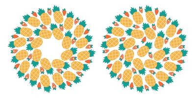 Strawberry Pineapple Circular Frame border Round Background Colorful Summer Copyspace Template Set 2. Isolated illustration Thematic cards or web promo banner, leaflets, print materials or tags vector